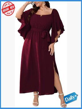 Plus Size Maxi Dress Square Neck Ruffle 3/4 Sleeve Belted Slit A Line Formal